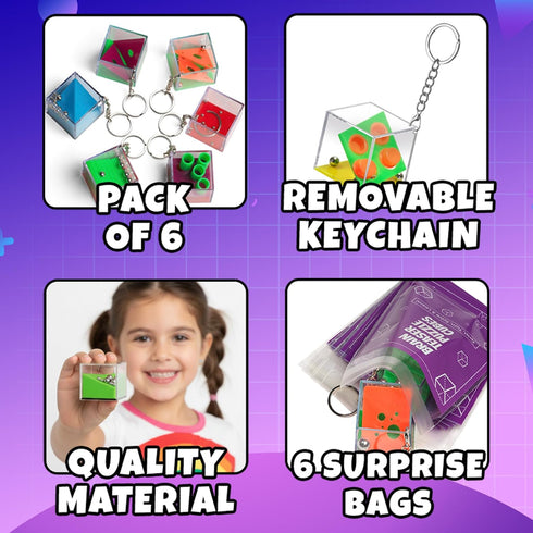 (6 Pack) Brain Teaser Puzzle Cubes on Keychain - Mini Maze Toys for Kids, Unique Party Favors, Goodie Bag Fillers