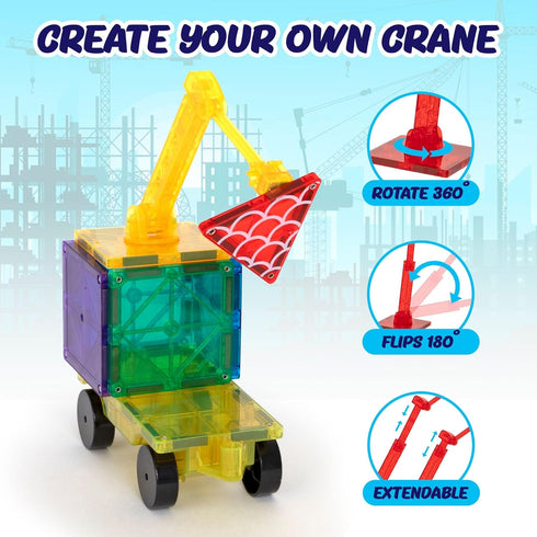 Set, 3+ 52-Piece Playmags City Construction Magnetic Tiles Building Blocks with Crane & Road Pieces, Educational STEM