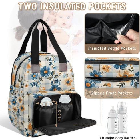 Shoblo Backpack Checkered Background Flowers Diaper Bag for Travel, Waterproof Diaper Bag with Insulated Bottle Pockets
