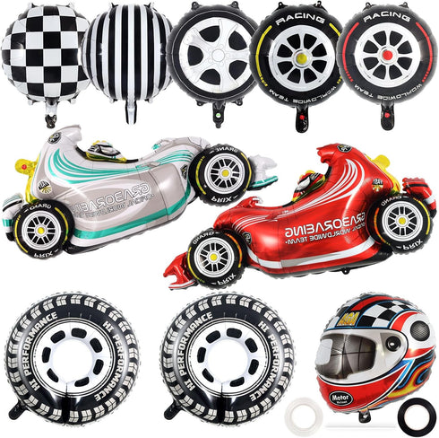 10 PCS Race Car Balloons, Hot Wheel Tire Balloons and Foil Helmet Checkered Balloons for Birthday Party