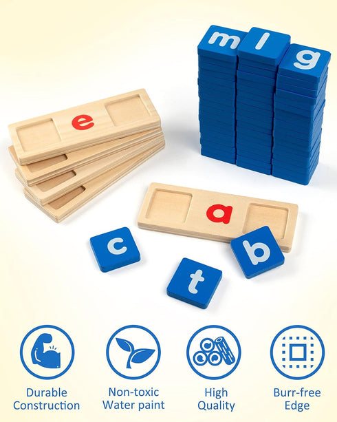 Coogam Wooden Short Vowel Reading Letters Sorting Spelling Games, CVC Words Learning Flashcards for Kids 3-5