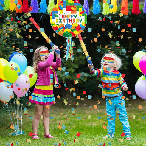 Building Blocks Piñata Set, Happy Birthday Block Party Supplies, Fiesta Piñata Bundle with Blindfold, Bat Stick,