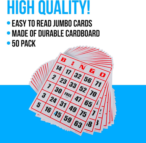 Regal Bingo - Easy Read - 8" x 9" Jumbo Bingo Cards - 50 Count - White Cardstock - Perfect for Large Groups - Non Repeating Set