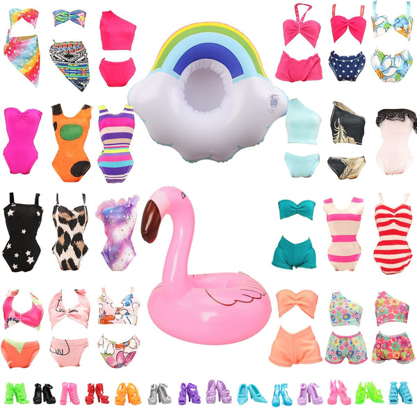 BARWA 12 Items Swimsuits Bathing Clothes for 11.5 inch Doll, 5 Pcs with 2 Pool Floaties and Shoes