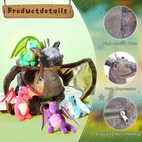 5 16 Inch 4 Mommy HyDren Pcs Dragon Plush Toys Dragon Stuffed with Babies Dragons in Dinosaur Belly, Plush Animal