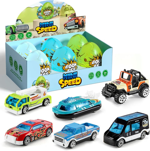 Beby Buty 6 Pack Luminous Easter Eggs with Mini Cars, Includes Off-Road Vehicles, Trucks,