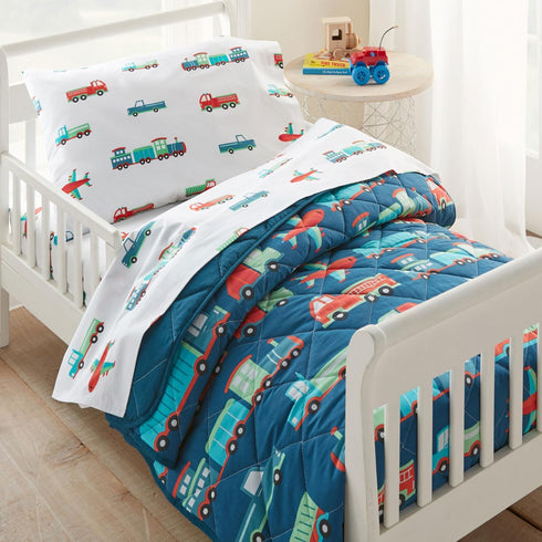 Set Wildkin Toddler Sheet Soft Microfiber, Fitted & Top Sheet, Pillowcase - Trains, Planes, and Trucks