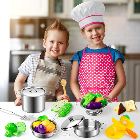 Set, Juboury Kitchen Pretend Play Toys with Stainless Steel Cookware Pots and Pans Cooking Utensils, Apron & Chef Hat