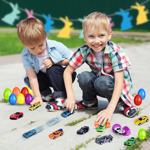 12Pack Prefilled Easter Eggs with Toys Inside, Easter Egg with Die-cast Racing Cars for Kids Basket Stuffers, Hunting