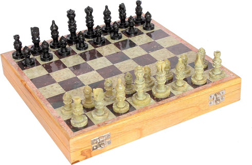 StonKraft Handcarved Chess Board with Wooden Base - Stone Inlaid Chess Game Set
