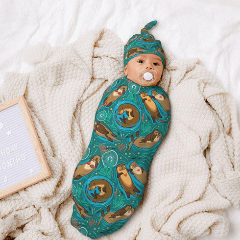 Cute Sea Otters Newborn Swaddle Blankets with Beanie Sets, Soft Swaddling Blanket Gifts for Infant Boys Girls