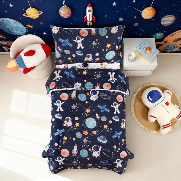 4 Piece Toddler Bedding Set, Ultra Soft and Breathable Cartoon Space Toddler