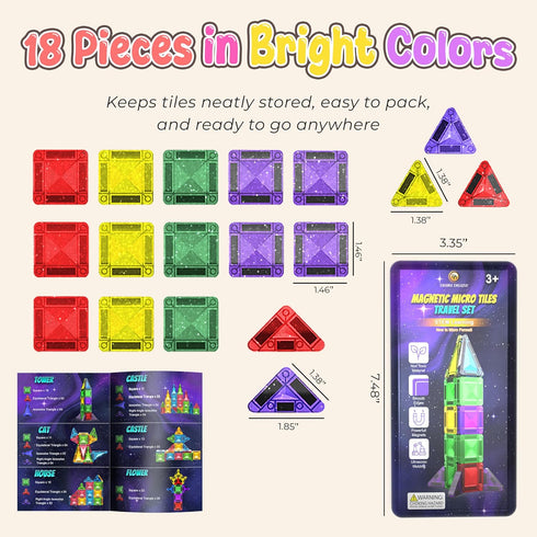 3+ 18pc) Desire Deluxe Micro Magnetic Tiles Building Blocks Toy - STEM Educational Travel Size Magnetic Blocks