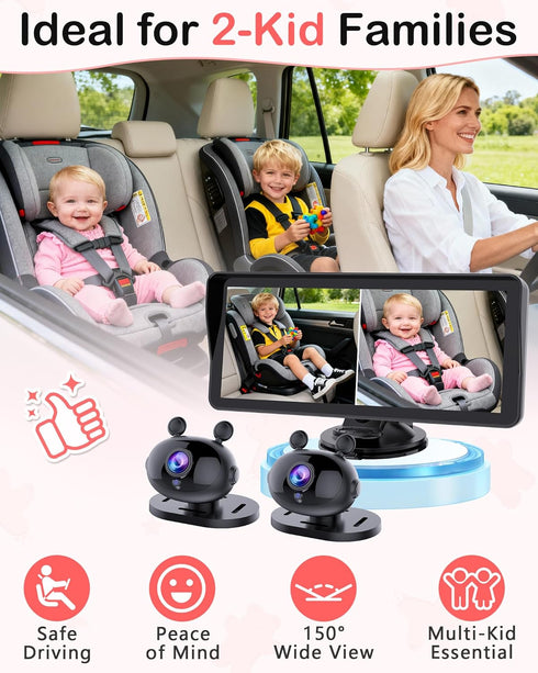 Wkzay 1080P 2-Kids: 6.9 Inch 2 5-Mins 360 HD Dual Baby Car Camera for Split Display with Night Vision Carseat Cameras
