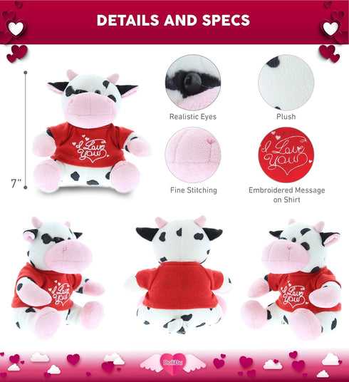 DolliBu I Love You Valentine Plush Cow, 6 Inches, Cute Stuffed Animal with Red Shirt, Personalization Gift