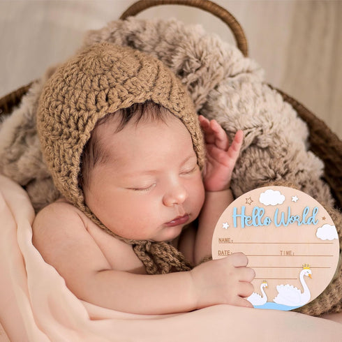 Penitue 5.9in Baby Announcement Sign, Wood Newborn Welcome Baby Name Sign with Pen Hello World Birth Announcement