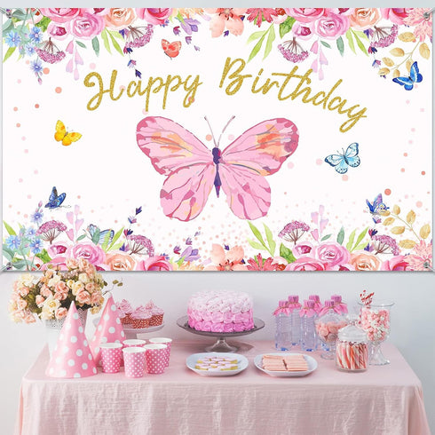 Tatuo Butterfly Happy Birthday Backdrop 6x4ft, Pink Butterfly Party Decorations for Baby Shower