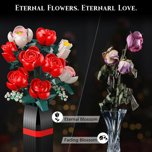 MONOFUN 841Pcs Set Flowers Bouquet Building Block, Roses Building with Vase, Home Office Creative Decoration, Valentine