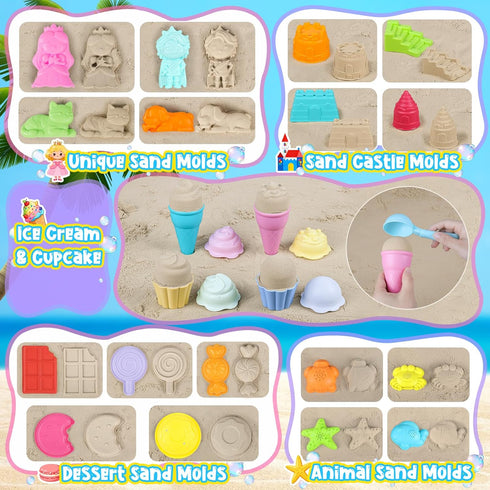 EULRGAUS 36 Beach Toys, PCS Sand Toys with Construction Vehicles, Collapsible Bucket, Princess & Prince and Ice Cream