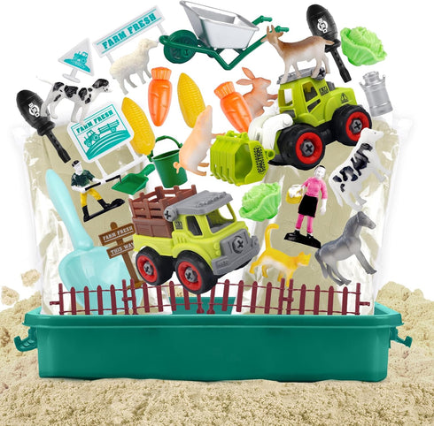 2.2lbs 31pcs 3 4 5 6 7 8 Aliex Farm Sensory Bin, Farm Sensory Kits Toy with Play Sand, Animals Trucks Creativity Magic