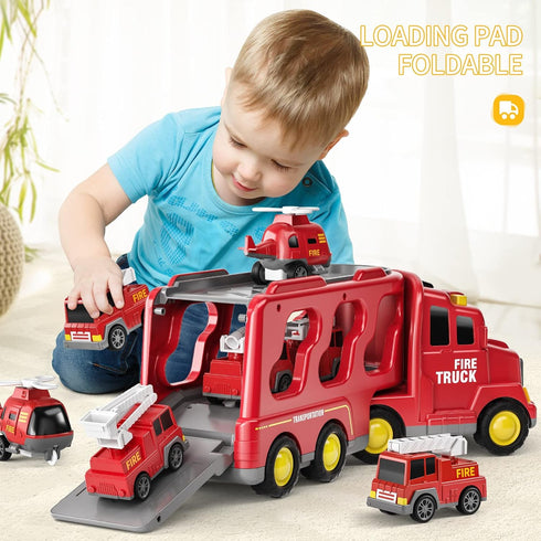 TEMI Fire Toys for 3-6 Years Old - 5 in 1 Carrier Truck Transport for Toddlers 1-3, Friction Power Vehicles
