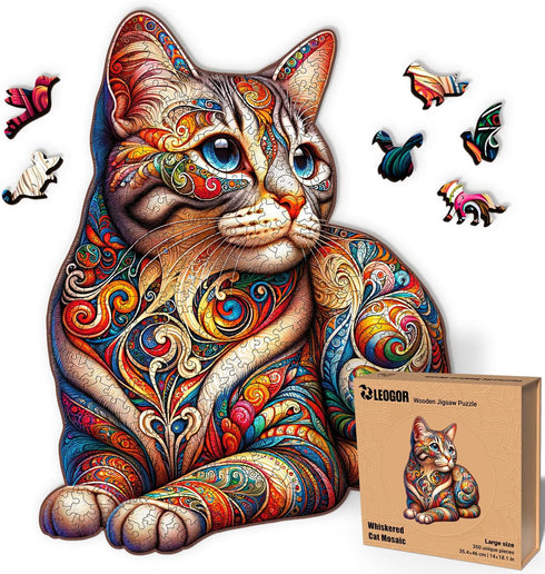 LEOGOR Wooden Puzzles for Adults - Whiskered Cat Mosaic, 350 Piece Large Size (14 x 18.1 in) with Vibrant Flowers