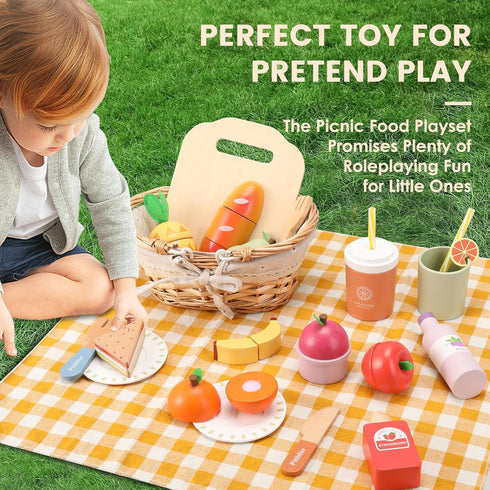 Playset, Set 3 4 5 Pithfor Picnic Wooden Play Food for Kids Kitchen, Cutting Pretend Play Kitchen Food Toy for Toddlers
