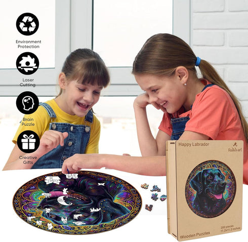 5MM 500 (16.7"*16.7") Ruikiyart Wooden Puzzles for Adults, Pieces Happy Labrador Wooden Jigsaw Puzzles, Unique Shapes