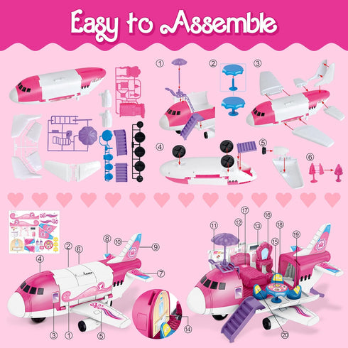 XDUOYJOY Pink Airplane Toy for Kids, Plane Toys with Dolls, Furniture and Accessories for Boys Girls Birthday, Toy