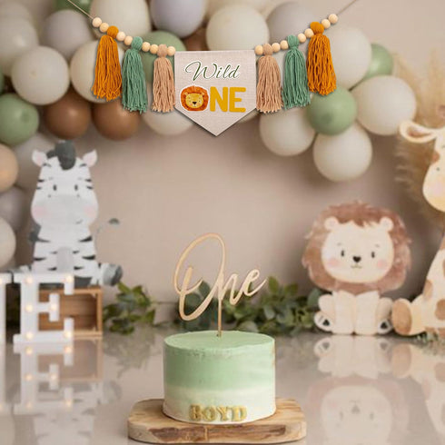1st Wild One High Chair Banner - Lion Highchair Banner, Safari Animal Theme First Birthday Tassel Banner for Birthday