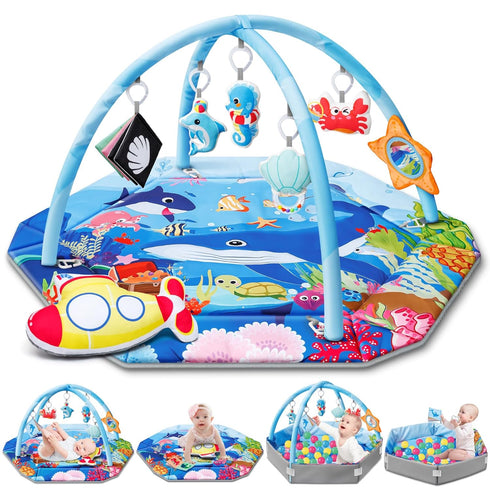 Baby Gym Play Mat, 8-in-1 Ocean Theme Tummy Time Mat & Ball