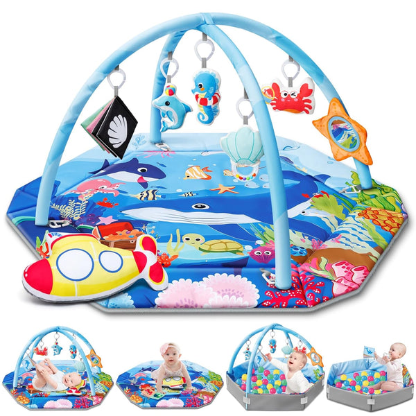 Baby Gym Play Mat, 8-in-1 Ocean Theme Tummy Time Mat & Ball