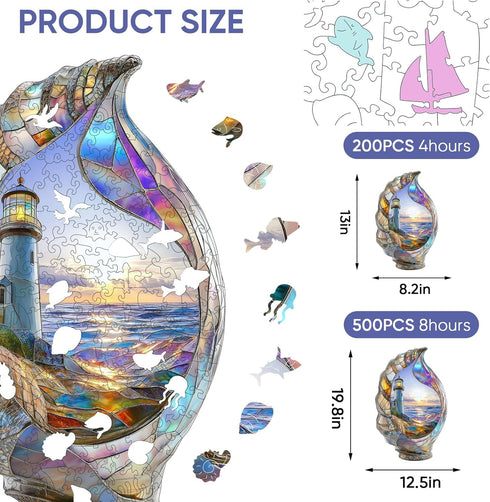 200 13 8.2 Inches Delobil Lighthouse Wooden Puzzles for Adults, Shell Landscape Jigsaw Puzzles Pieces, Unique Shape