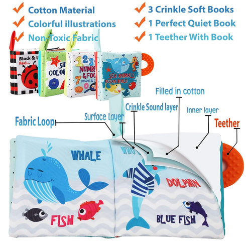 Baby Books Toys Gifts, Touch and Feel Cloth Crinkle Books for Babies, Early Learning Toys, 4 PCS