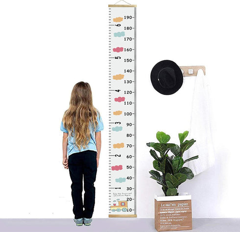 Kids Growth Chart Fabric Canvas Height Measurement Ruler - Wood Frame from Baby to Adult, Colorful Cloud, 7.9 x 79in
