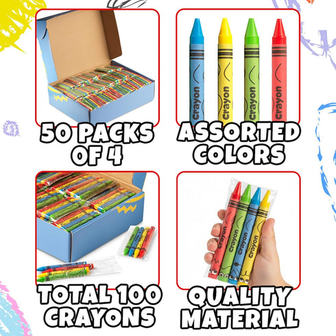 200 Pack (50 Sets 4) Bulk Crayons of - Individually Wrapped Crayons Party Favors for Kids, Restaurants, Classrooms