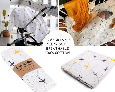 ipek kehribar 100% 43x43 1 Pack Muslin Baby Swaddle Blanket Cotton, Ultra Soft, Breathable, Multipurpose, Airplane