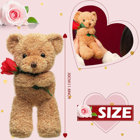Christmas Plush Stuffed Animal Bear with Rose, Cute Gifts for Kids, Toddler, Girlfriend, 11.8 Inches