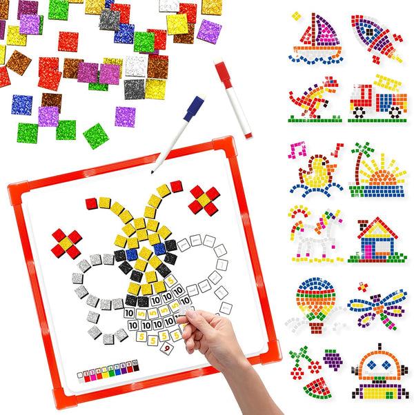 GLEEHAPY Educational STEM Toy, Mosaic Magnetic Puzzle with 300 Foam Building Blocks, Math Counting Activities