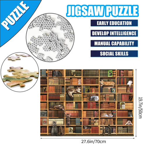RECHIATO 1000+ Cats Library Jigsaw Puzzle, Piece Funny Kitten Bookshelf Puzzles, Challenging Animal Pet Lover Gifts