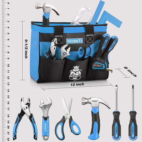 10-Piece Set Woodworking,6+ REXBETI Kids Tool with Real Hand Tools, Blue Durable Storage Bag, Children Learning Tool