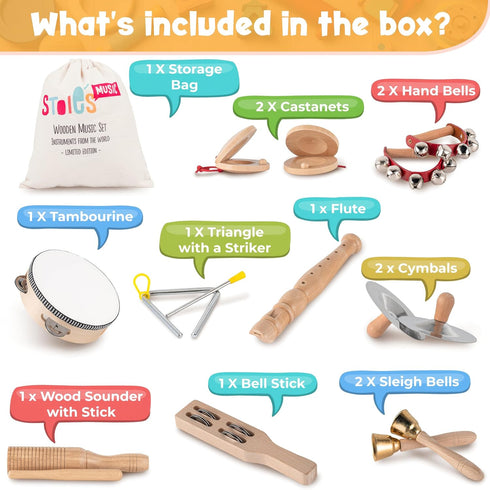 Stoie's Wooden Toddler Musical Instruments with Drum, Flute, Hand Bells, Cymbals, Castanets, Triangle, for Babies
