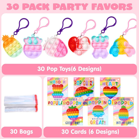 30 Packs 6 JOYIN Valentines Day Gift Cards with Pop Bubble Keychains, Designs Mini Colored Pop, Multi-Shape Stress