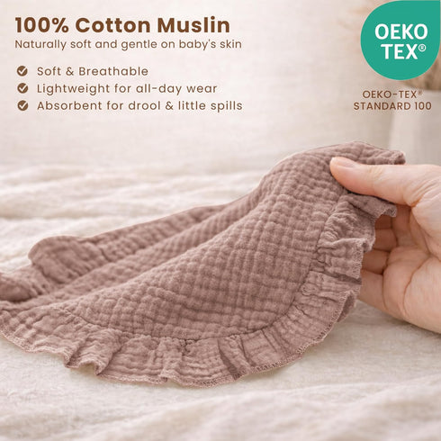 100% 0-36 3-Pack Konssy Muslin Baby Bibs for Girls Soft Cotton Drool Bibs, Ruffle Trim for Newborns & Toddlers Months
