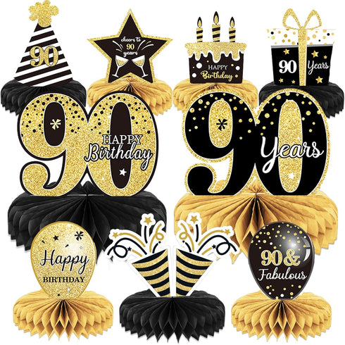 9 Pieces 90th Birthday Decoration Centerpieces for Tables Cheers to 90 Years Honeycomb Table Topper for Party Supplies