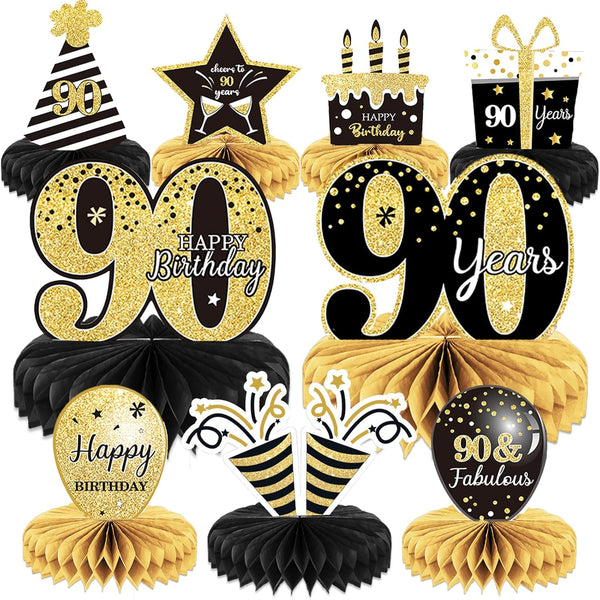 9 Pieces 90th Birthday Decoration Centerpieces for Tables Cheers to 90 Years Honeycomb Table Topper for Party Supplies