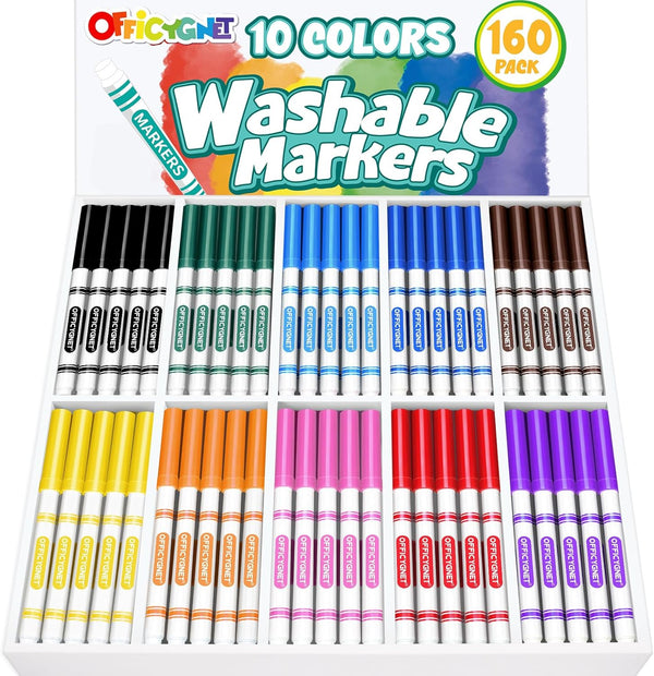 Officygnet 160 Count Washable Markers Bulk, 10 Assorted Colors, Conical Tip with