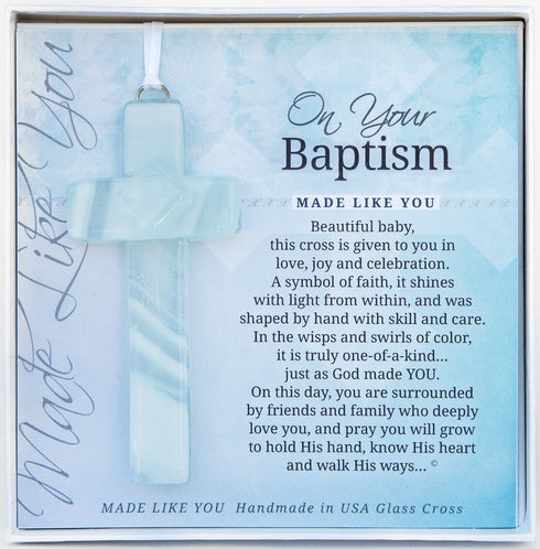 On Your Baptism Beautiful Handmade Aqua Glass Cross - Treasured Gift for Baby Girl or Boy