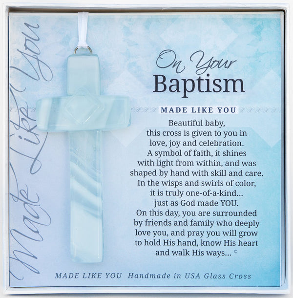 On Your Baptism Beautiful Handmade Aqua Glass Cross - Treasured Gift for Baby Girl or Boy