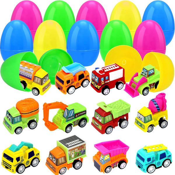 Giaueoa 12 Pcs Prefilled Easter Eggs with Pull-Back Engineering Vehicles Plastic Easter Eggs